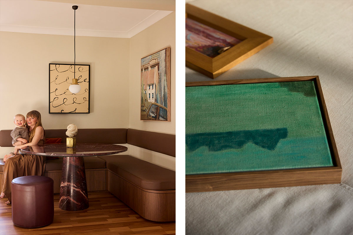 Family living in a small apartment, from the timber and marble dining nook to framed artwork details.
