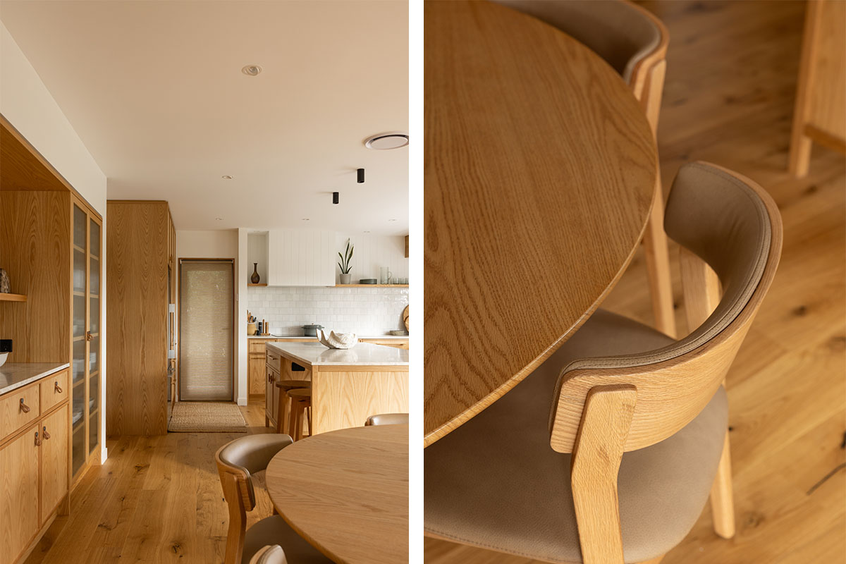 Close-up of a curved timber dining chair backrest with leather seat in a coastal interior design.